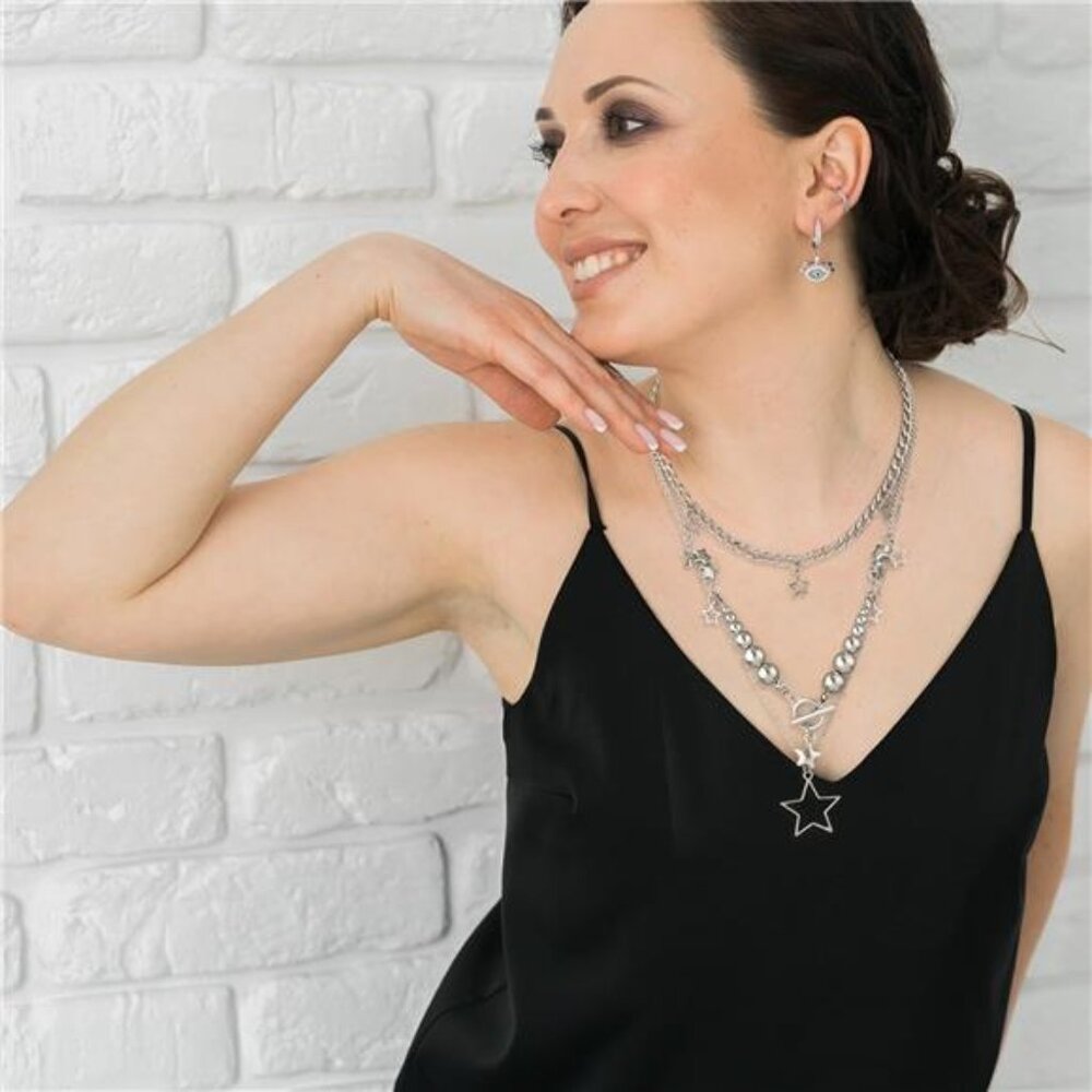 Silver Star Chain Choker Y2K Stackable Chunky Star Pendant Grunge Necklace - Picture 6 of 8